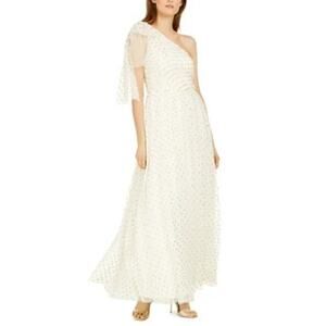 Eliza J One Shoulder Polka Dot A-Line Evening Gown White and Gold Size 12 Dress